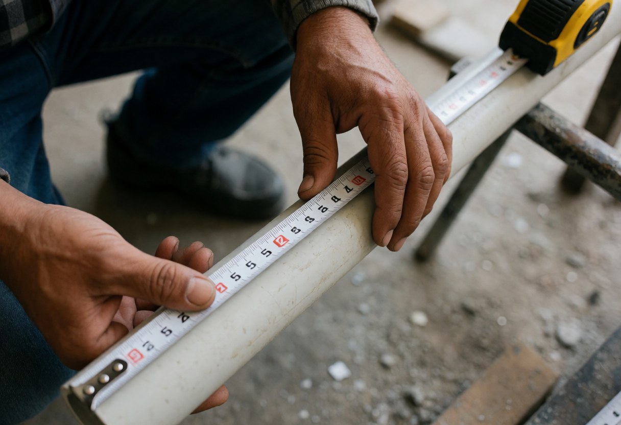 A worker's hand measures a PVC pipe using a tape measure in a workshop setting with tools and a construction floor visible