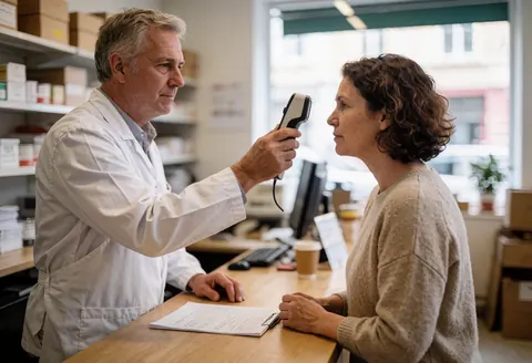 An optician in a white coat uses a device to examine a woman's vision while she sits at a reception desk.