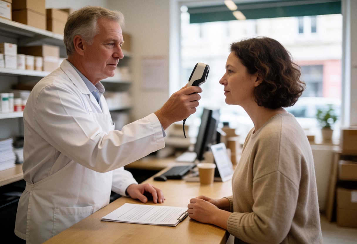 Professional optician uses a digital pupillometer to measure a client's vision during an eye exam in a clean clinic.