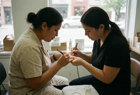 Nail technician carefully working on a client's hands in a professional salon with visible tools and products