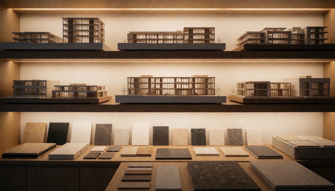 Architectural studio scene with building models on shelves and construction material samples in the foreground with warm lighting and blurred background
