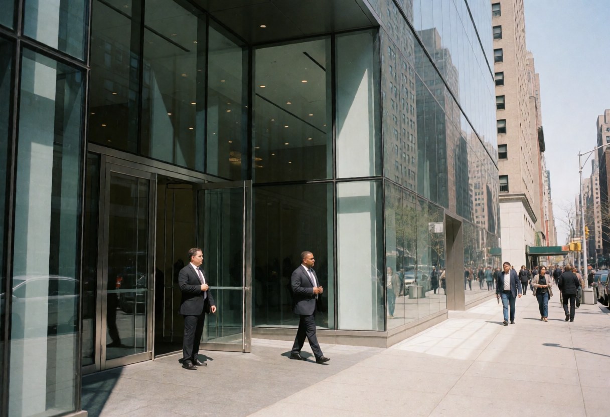 Glass facade of a modern office building with pedestrians walking on the sidewalk under a clear sunny sky