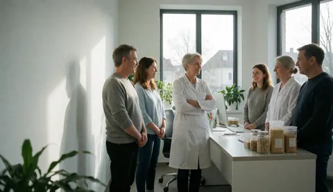 A white-haired nutritionist in a white coat stands with arms crossed while consulting clients in a bright modern clinic with plants.