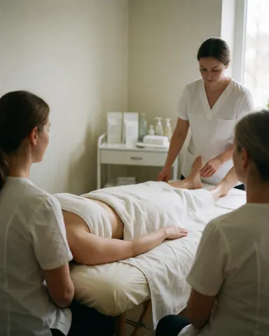 A therapist applies a massage to a client's leg while the client rests on a table and another person observes nearby.