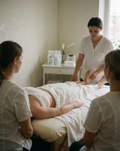 A therapist gives a massage on a table while two assistants observe in a spa room.