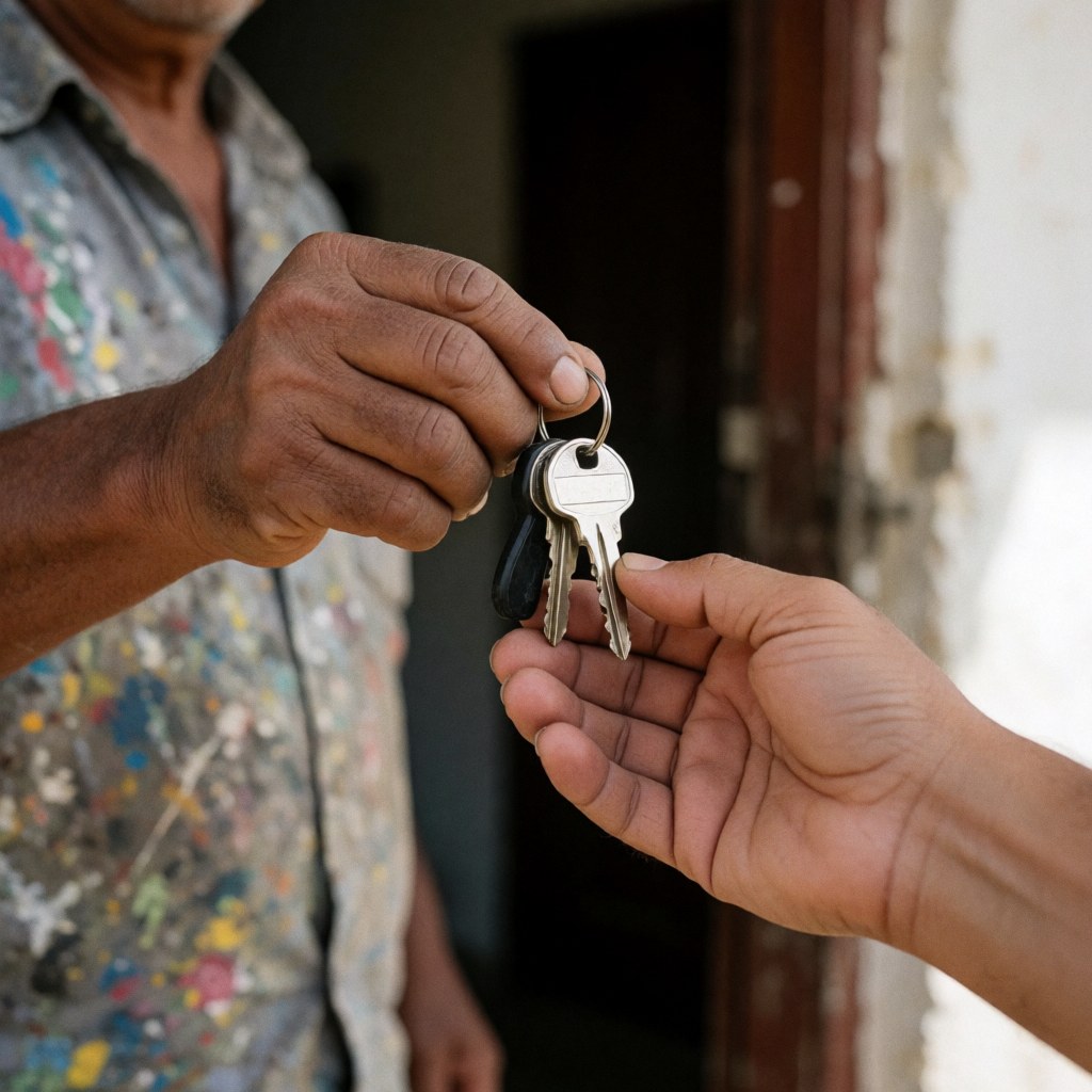 A hand holding house keys is handed to a client, symbolizing the completion of a professional house painting project.