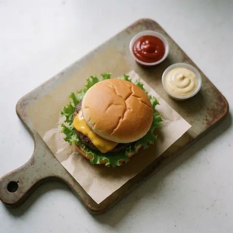 Top view of a gourmet burger with melted cheese, fresh lettuce, and toasted bun on a rustic cutting board with ketchup and mustard
