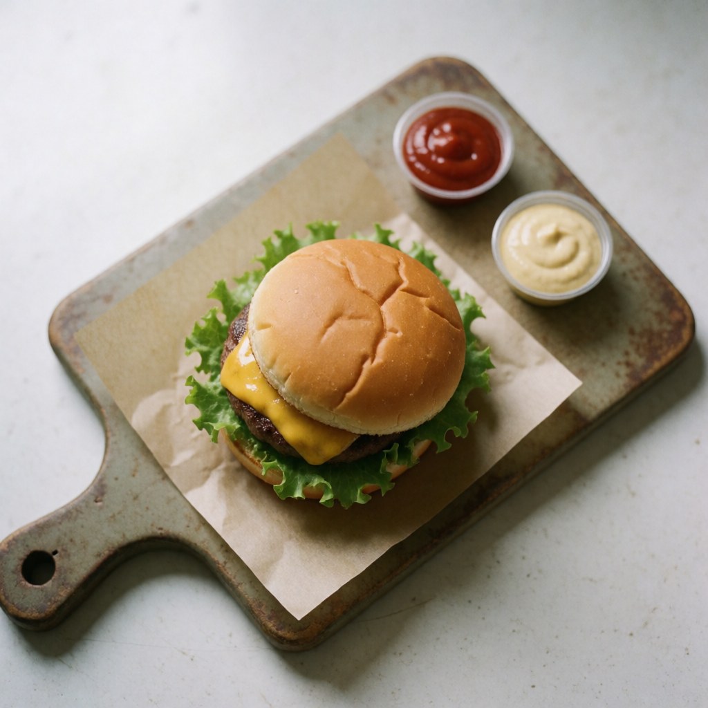 Top view of a gourmet burger with melted cheese, fresh lettuce, and toasted bun on a rustic cutting board with ketchup and mustard