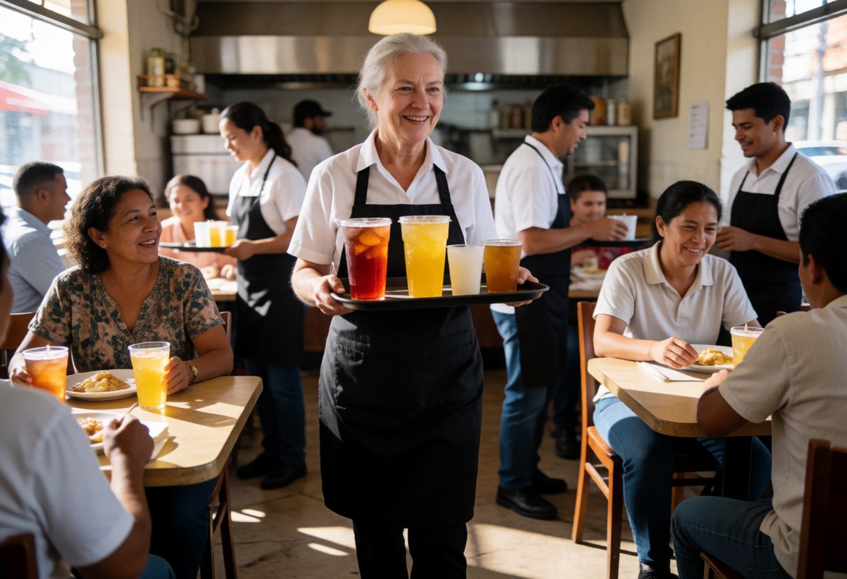 A smiling waitress serves beverages to seated customers while other staff work in the background of a busy restaurant.
