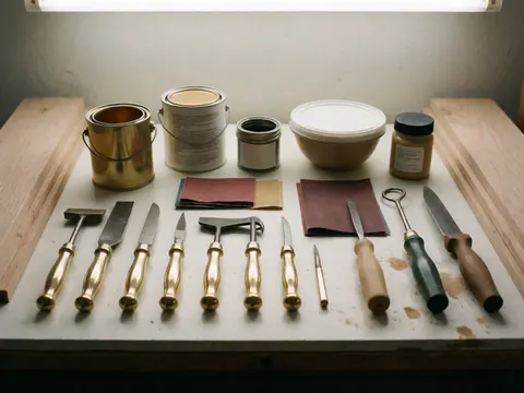 Assorted furniture repair tools including sandpaper, spatulas, and varnish neatly arranged on a workshop table