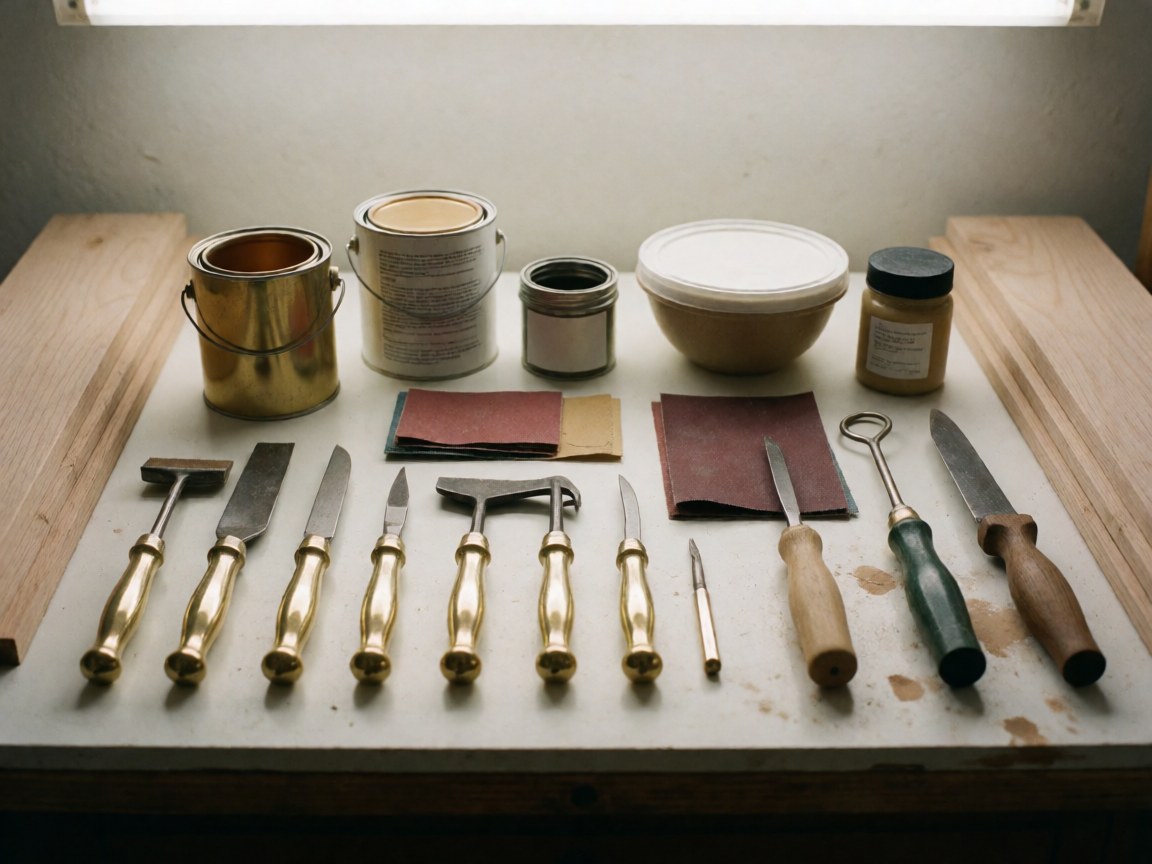 Assorted furniture repair tools including sandpaper, spatulas, and varnish neatly arranged on a workshop table