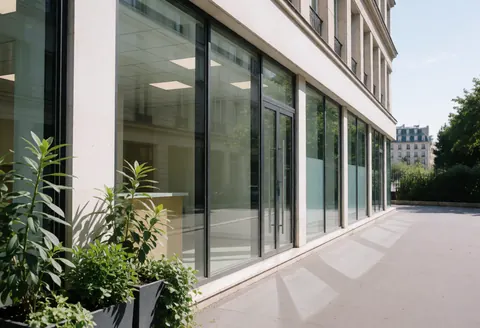 Professional office facade with large windows, green plants, and clean pavement under a clear sky