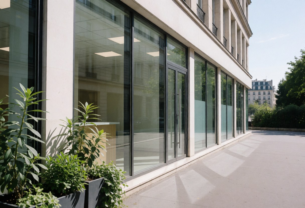 Professional office facade with large windows, green plants, and clean pavement under a clear sky