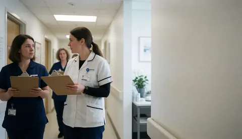 Two nurses walk down a clinic corridor, one in a white coat and the other in blue scrubs, both holding folders and conversing as they move.