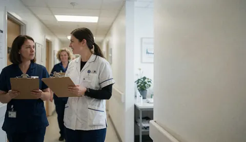 Two nurses walking down a clinic hallway, one in blue scrubs and one in a white coat, both holding clipboards.