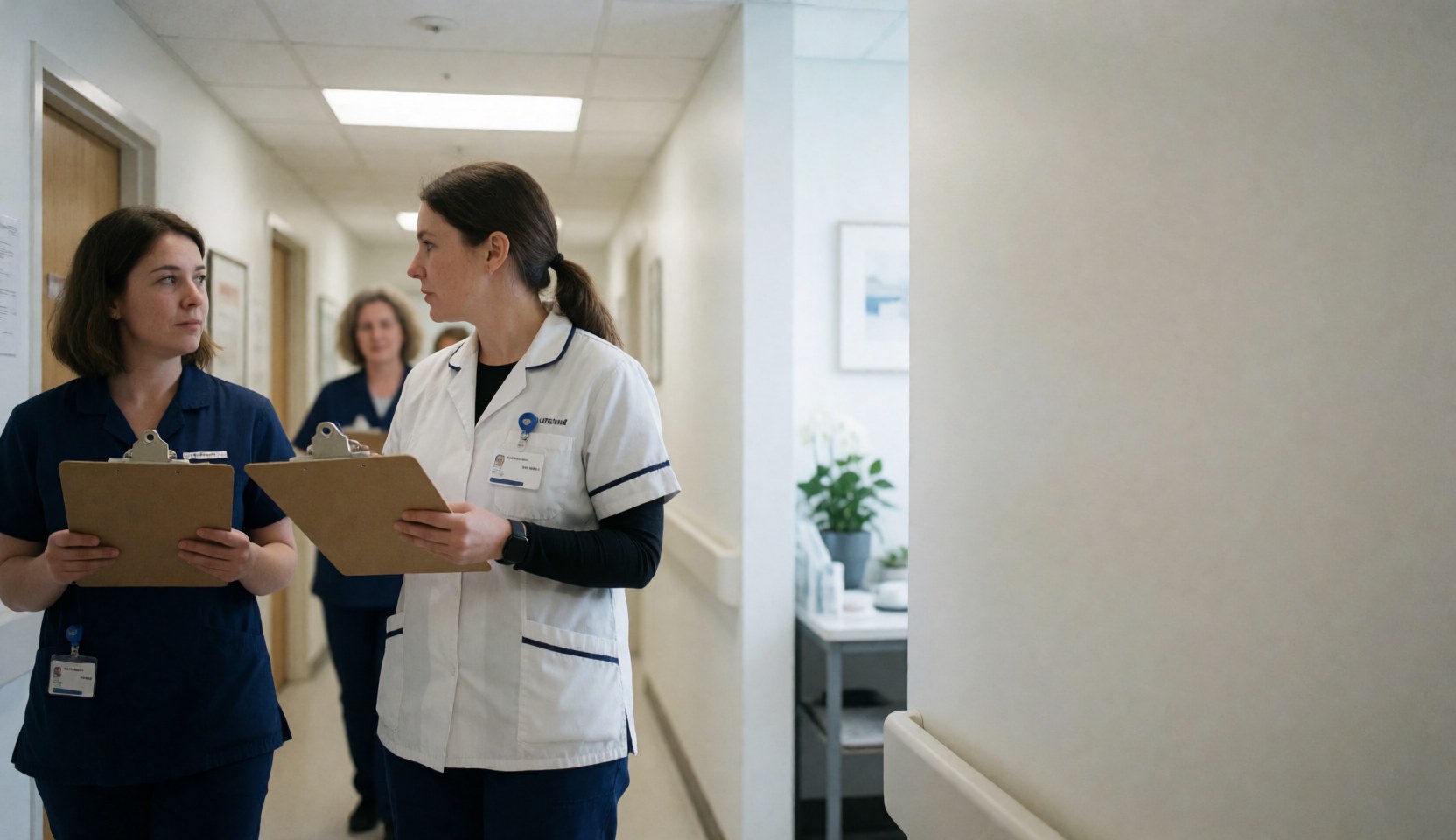 Two nurses walk down a clinic corridor, one in a white coat and the other in blue scrubs, both holding folders and conversing as they move.