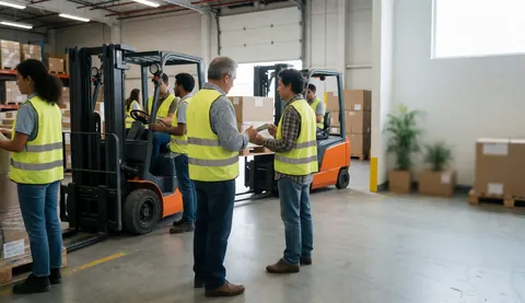 Workers in reflective vests coordinating cargo handling with forklifts and boxes in a logistics center