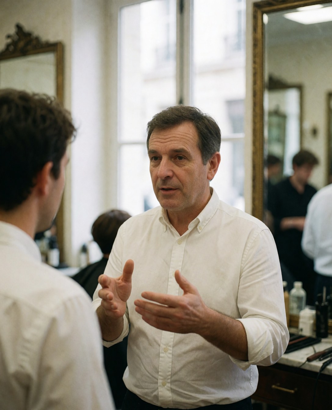 A middle-aged male hairdresser gestures while explaining a technique to a colleague in a bright salon with mirrors and natural light