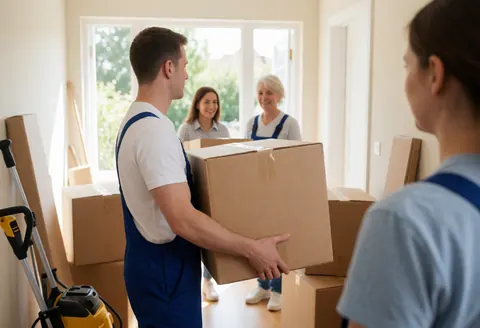 Professional movers in blue uniforms carrying boxes inside a house with smiles during a real moving service