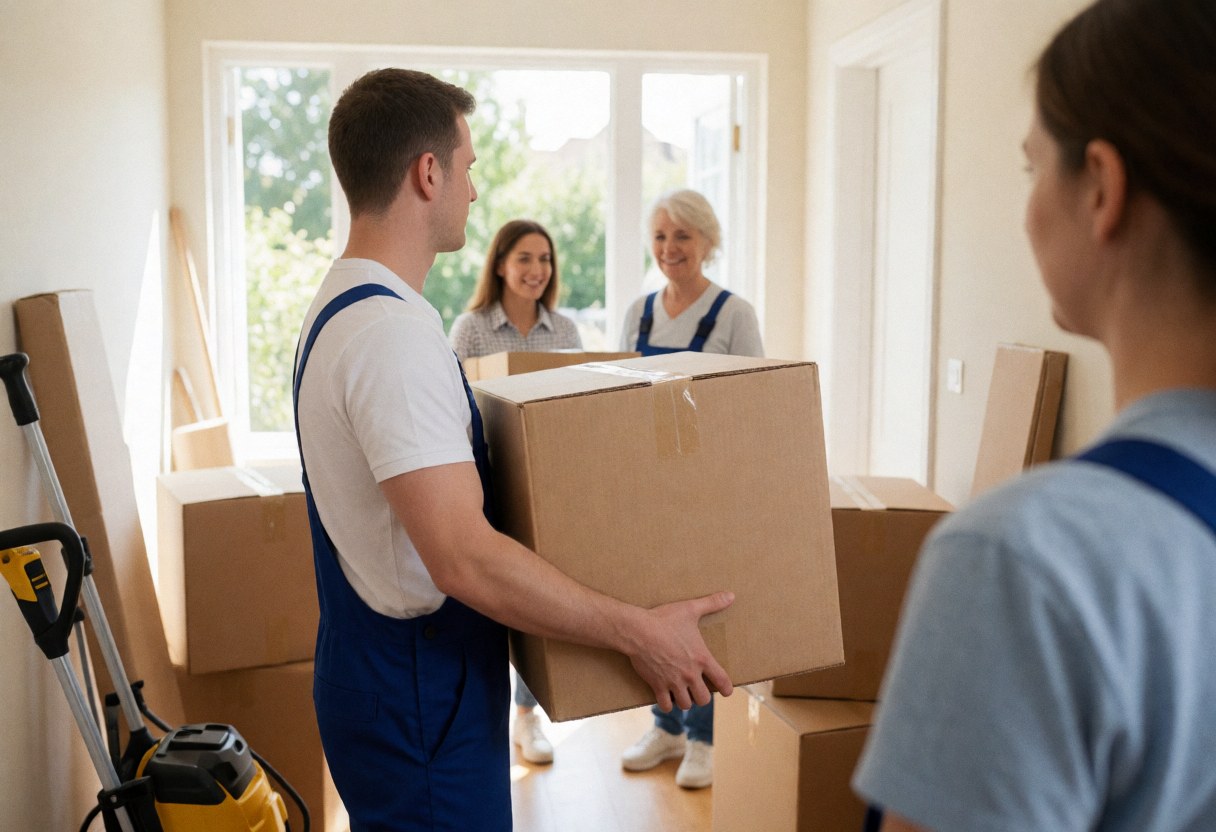 Professional movers in blue uniforms carrying boxes inside a house with smiles during a real moving service