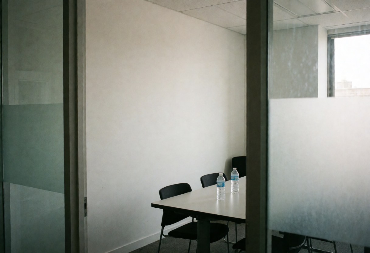 Spacious empty conference room featuring a table, chairs, water bottles, white walls, and glass partitions suitable for nonprofit organizations.