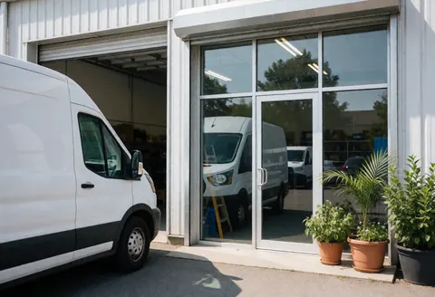 Modern electrician storefront featuring a glass door, a parked white van, and potted plants near the entrance.
