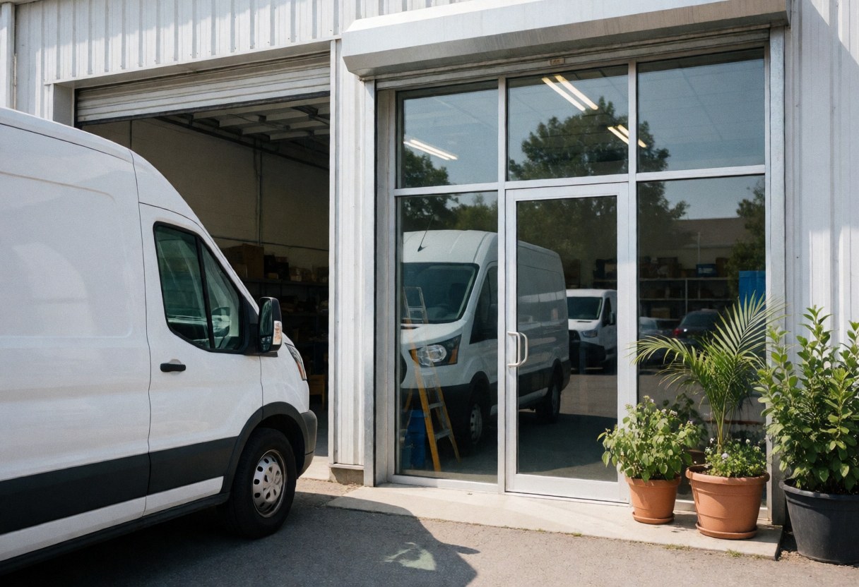Modern electrician storefront featuring a glass door, a parked white van, and potted plants near the entrance.