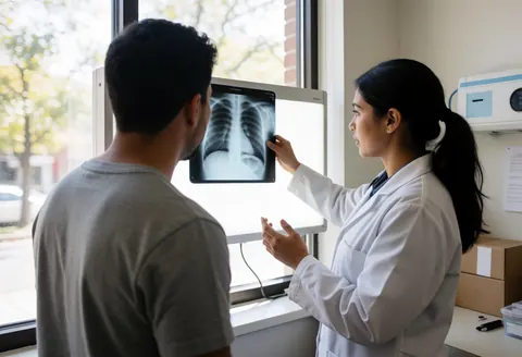 Female doctor in white coat examines chest x-ray with patient in clinical setting with medical equipment visible