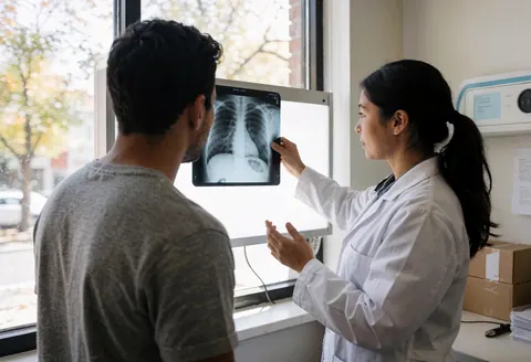 A doctor in a white coat shows a chest X-ray to a patient in front of a window.