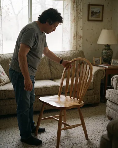A man closely examines a wooden chair in a living room with sofas and a lamp.
