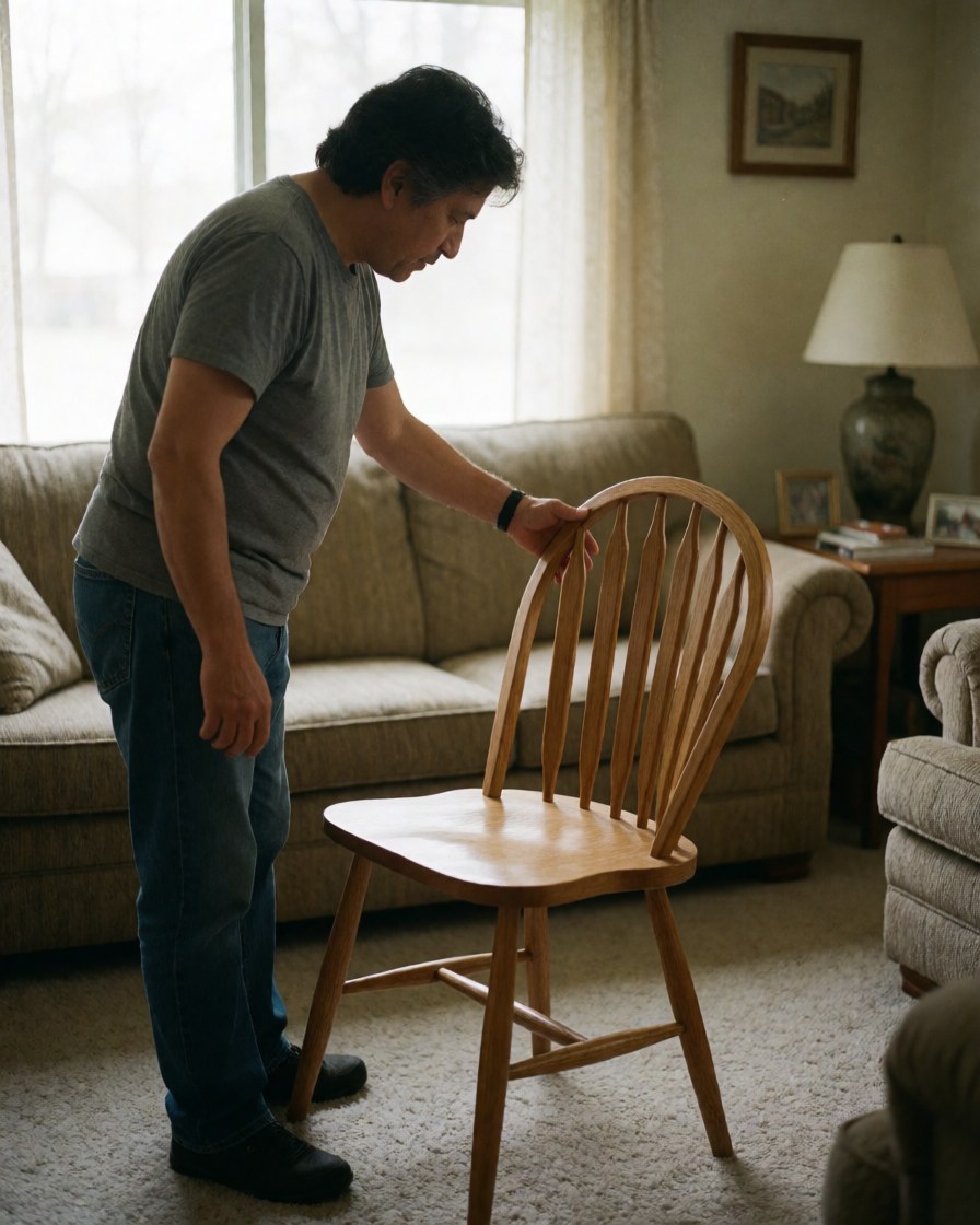 A middle-aged man closely inspecting a handmade wooden chair in his living room with a sofa and lamp in the background