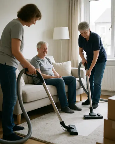 A smiling man sits on a sofa while two women vacuum the floor in a modern living room.