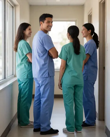 Medical staff in uniforms smiling and talking in a hallway illuminated by natural window light
