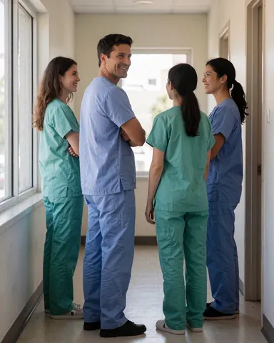 Four healthcare professionals in scrubs chatting amicably in a clinic hallway.