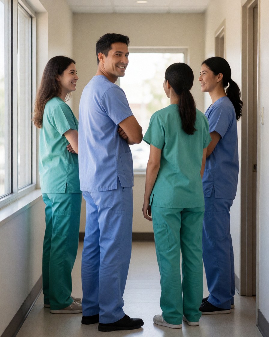 Medical staff in uniforms smiling and talking in a hallway illuminated by natural window light