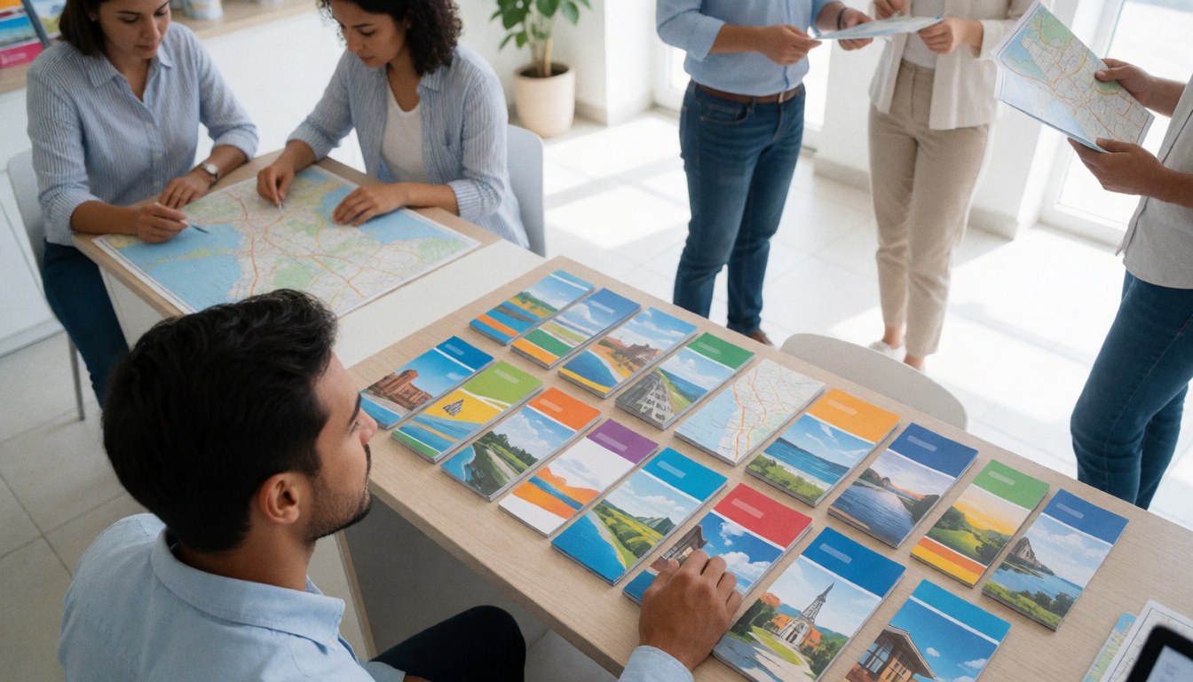 Team of professionals in a clean travel agency office examining destination maps and brochures for trip planning