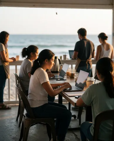 A young woman works on her laptop at an outdoor table with a sea view and other people enjoying the atmosphere nearby