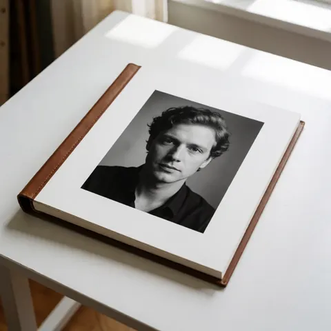 Open brown leather photo album on white table showing black and white man portrait with natural studio light