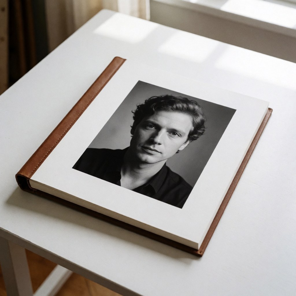 Open brown leather photo album on white table showing black and white man portrait with natural studio light