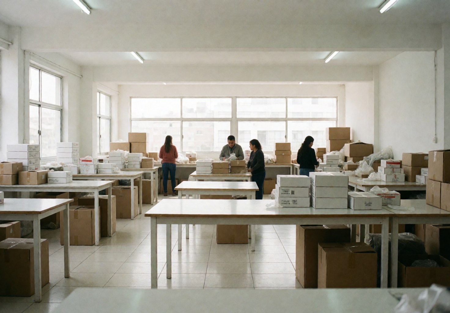 Interior of a packing workshop featuring white tables, cardboard boxes, and people working in the background with natural light