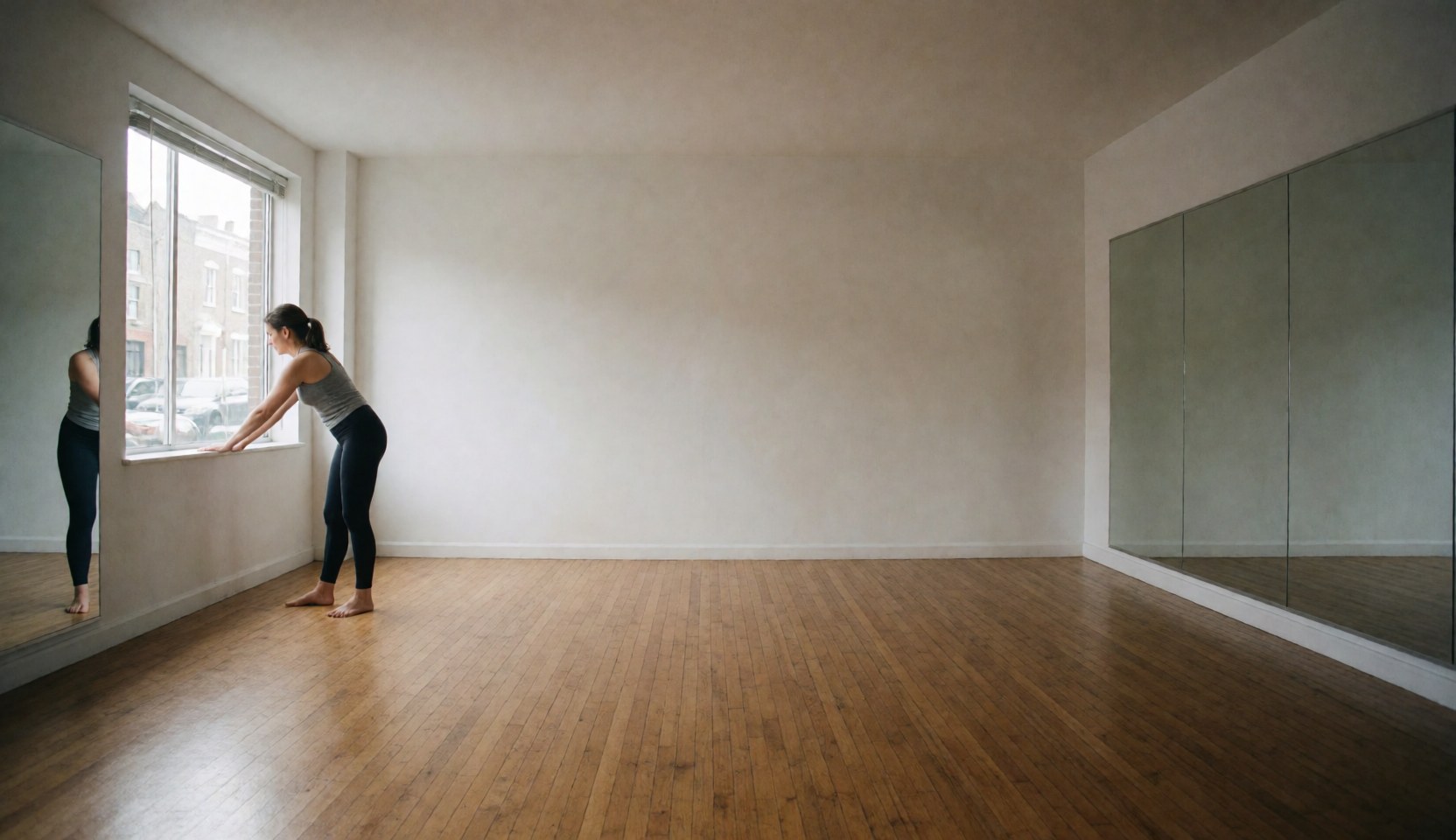 A woman in leggings stretches near a window in a pilates studio with wooden floors and mirrors