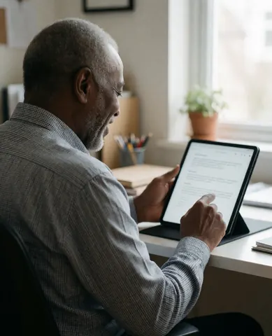 A senior man smiles while using a tablet in his office with natural light and plants, ideal for showing digital marketing results.