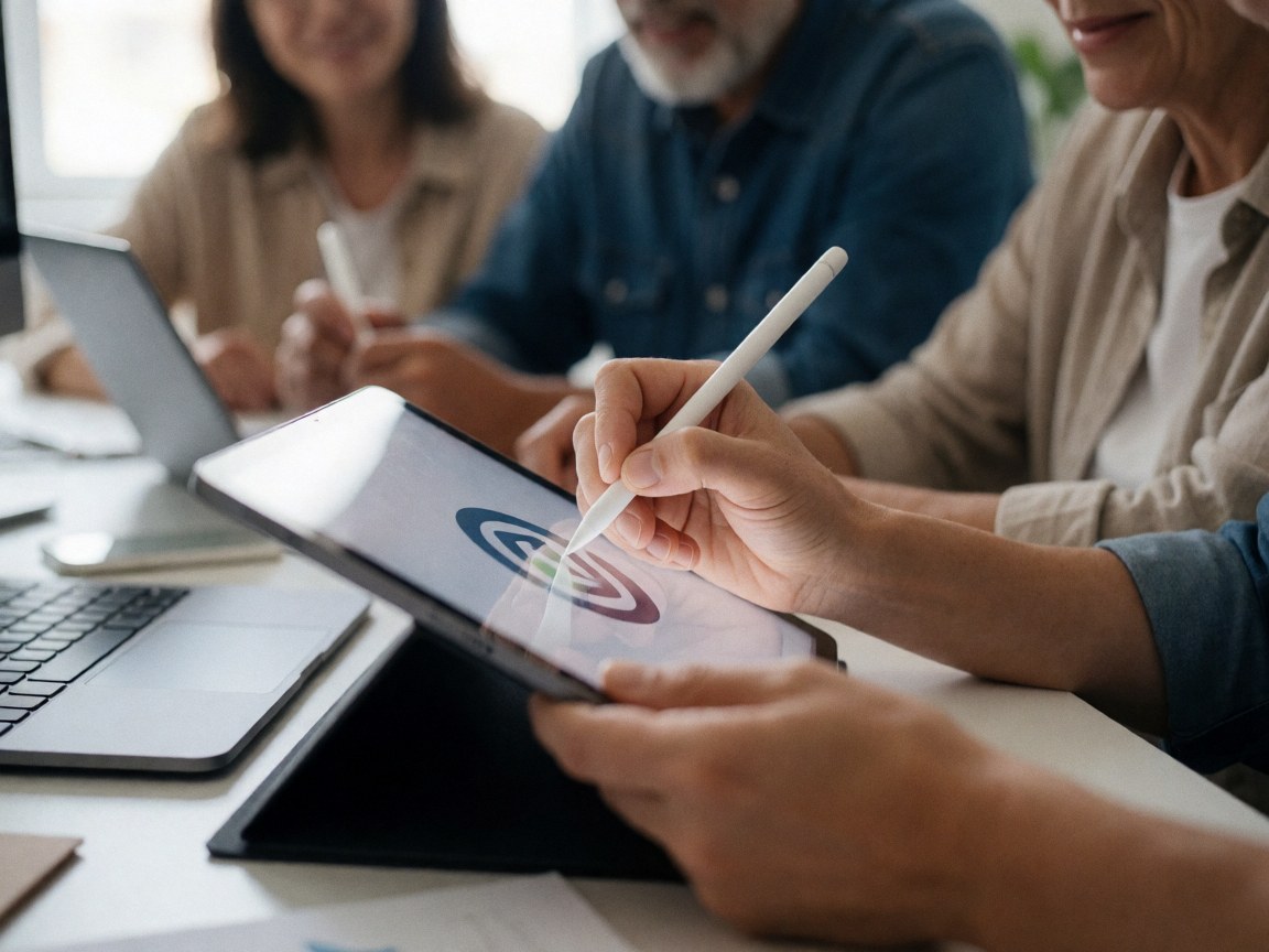 Close-up of an adult hand drawing a logo on a digital tablet with creative professionals working in the modern office background