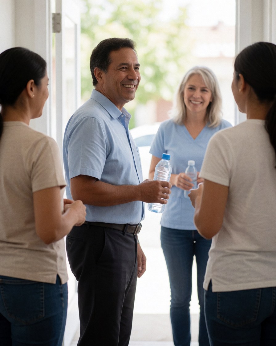 Smiling man holding a water bottle after physical therapy session in a bright hallway