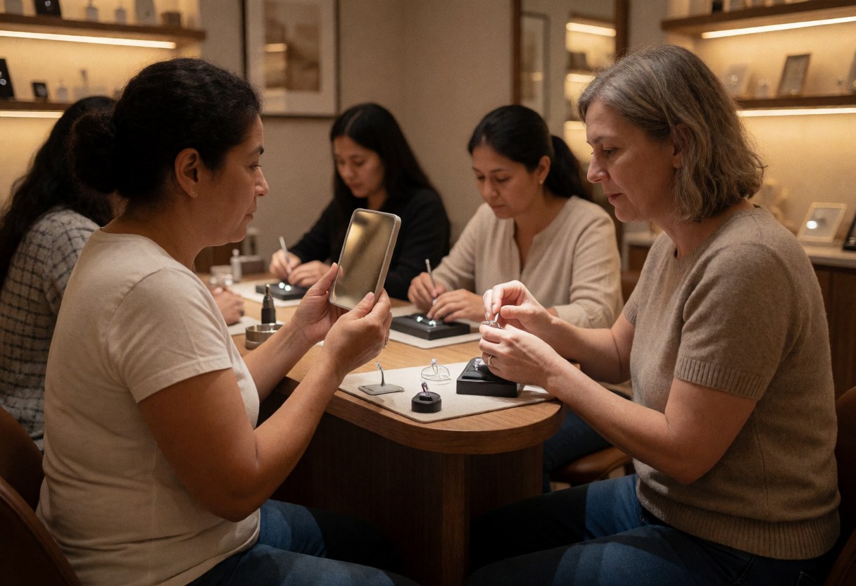 A customer inspects a ring with the help of a jeweler in a jewelry store, with warm lighting and tools visible on the table.