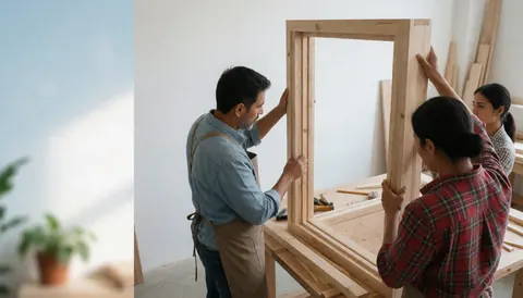 Three carpenters working together to assemble a wooden frame in a modern workshop with tools and planks around.