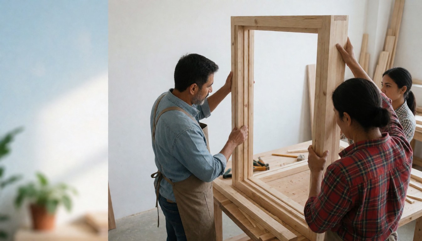 Three carpenters working together to assemble a wooden frame in a modern workshop with tools and planks around.