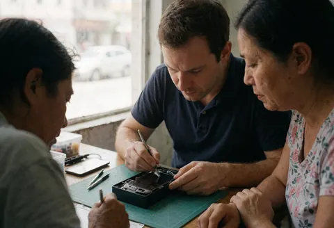 Tech repairing a phone in a store while two customers watch attentively.