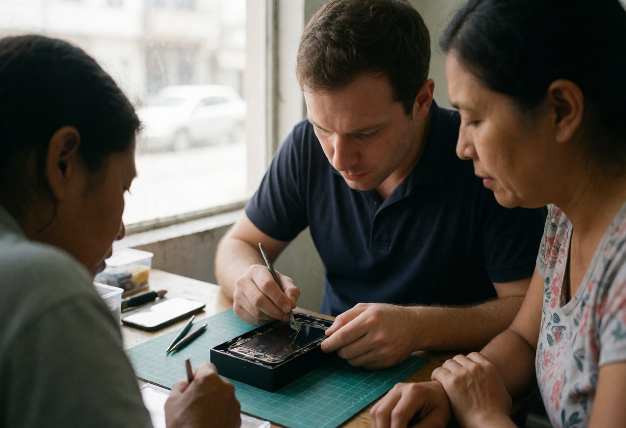 Technician repairing a smartphone screen with tools while a customer watches attentively in a realistic service scene with natural light