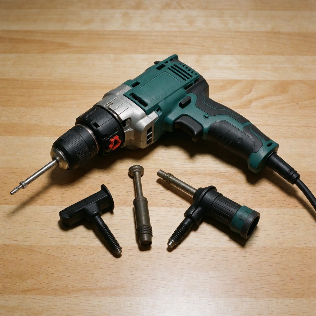 Green and black electric drill with various accessories on a light wooden surface for construction or DIY work